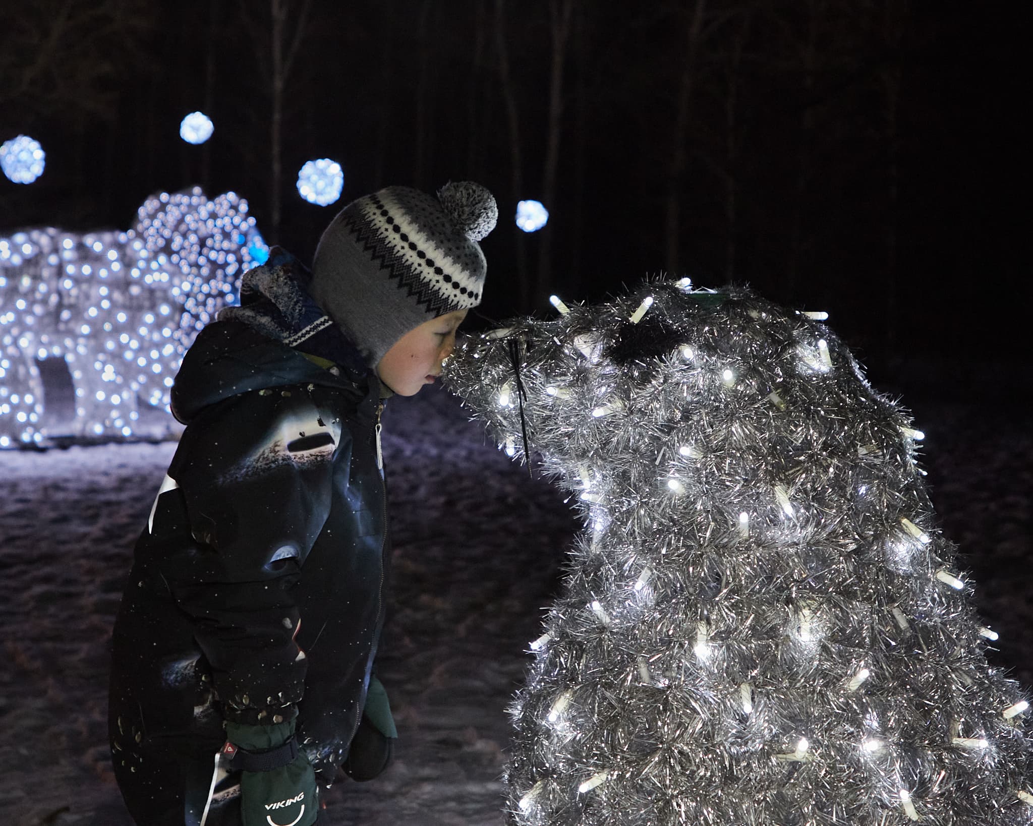 Vaikas žiemos vakare žiūri į šviesomis dekoruotą figūrą parke